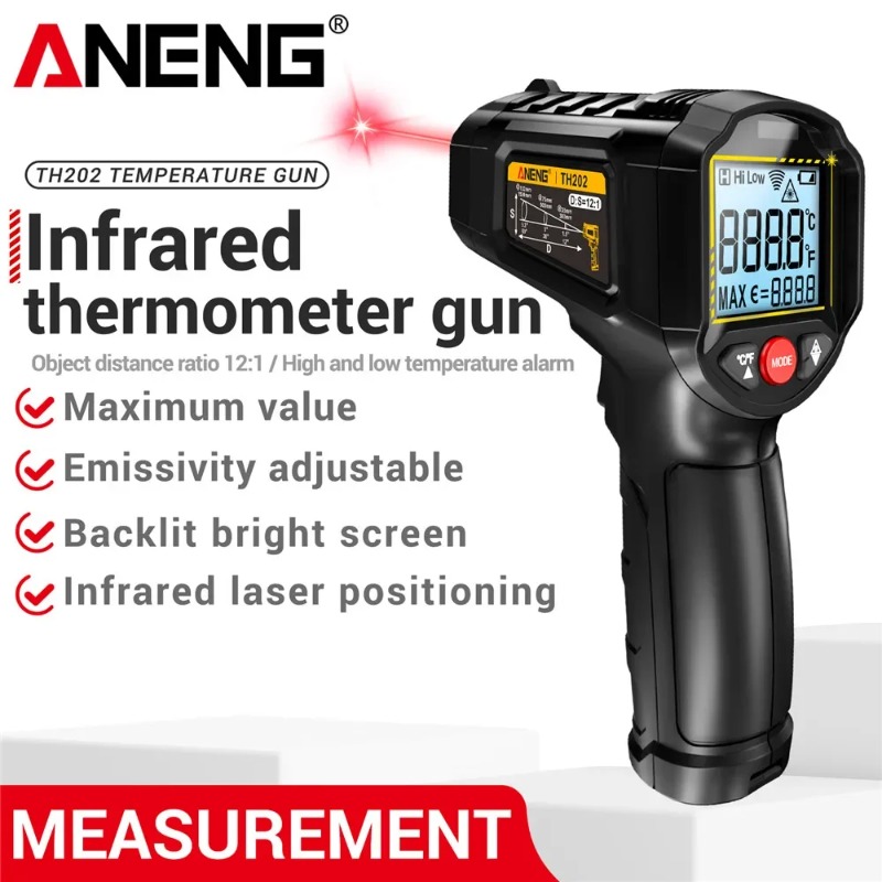 Industrial Laser Thermometer - ANENG TH202 อุตสาหกรรมเครื่องวัดอุณหภูมิแบบใช้มือถือรถทดสอบแบบไม่สัมผัส IR เลเซอร์อุณหภูมิความร้อน Gun