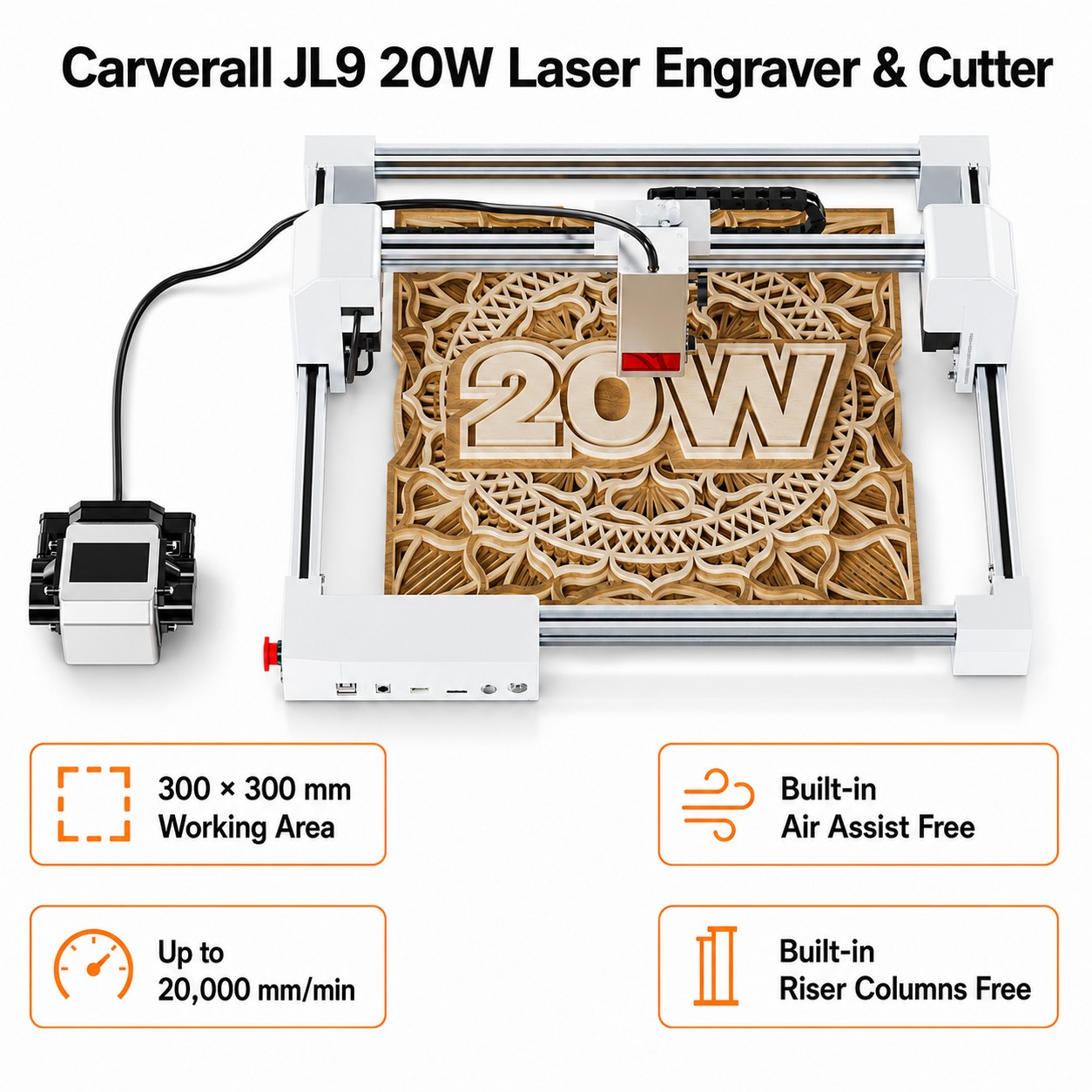 Industrial Laser Blasting - เครื่องแกะสลักเลเซอร์ Carverall JL9 20W, เครื่องแกะสลักเลเซอร์แบบตั้งโต๊ะขนาด 300x300