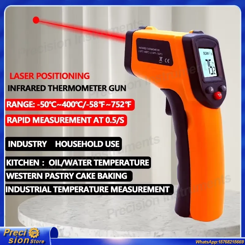 Industrial Laser Thermometer - เครื่องวัดอุณหภูมิอินฟราเรดแบบไม่สัมผัส เครื่องวัดอุณหภูมิแบบเลเซอร์แบบพกพา ไพโรมิเตอร์ดิจิตอล จอแสดงผล LCD สำหรับการทำอาหารในอุตสาหกรรม